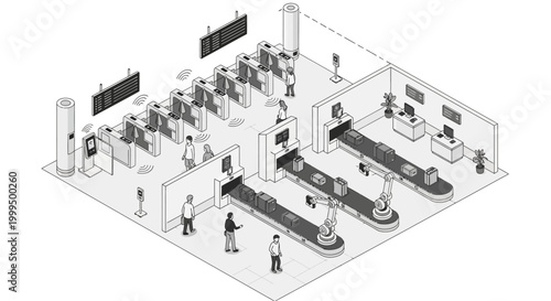 Isometric Automated Airport Terminal with Smart Security Gates and Robotic Luggage Handling System