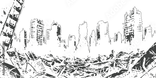 Ruined city skyline with destroyed buildings and rubble in a post apocalyptic landscape sketch