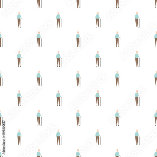 Seamless pattern with cartoon elder man using a walking stick, symbolizing elder care