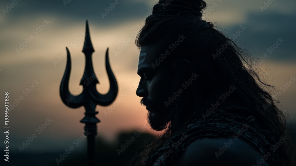 Fototapeta premium Figure holding a trident stands against the sunset during a religious ceremony honoring deities in nature