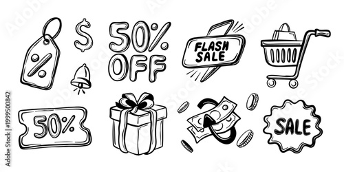 Hand drawn sale and shopping icon set with discount elements. Vector collection with price tags, shopping cart, gift box, money and sale badges.