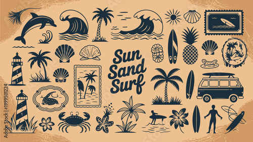 A vintage style collection of summer themed illustrations and beach elements