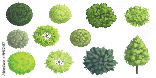 Set of top view green trees and bushes for landscape architecture design