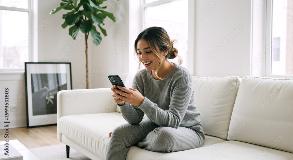 Fototapeta premium Young woman sitting on a white sofa using a smartphone. Happy female relaxing at home in a bright living room