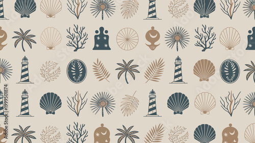Seashells lighthouses and palm leaves a repeating coastal pattern design