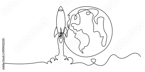 Εκτύπωση καμβά Continuous one line of a rocket merging into globe, symbolizing global startup expansion in editable stroke, style hand drawing vector illustration