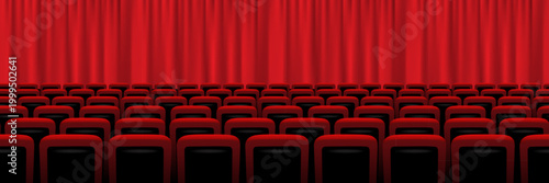 Red theater stage curtain. Cinema stage curtain audience hall with rows of dark seats. Classic performance interior scene, movie, presentation, conference. Realistic vector illustration.