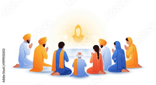 A group of people wearing traditional turbans and headscarves are depicted from behind in a bright, eye-level illustration, praying towards a glowing religious figure in a celebration