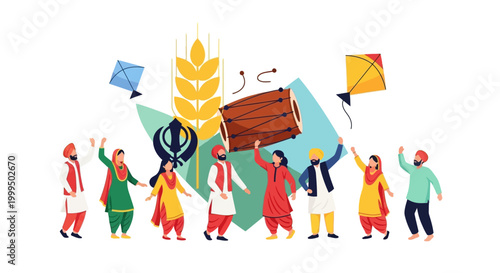 A group of diverse people are celebrating Vaisakhi by dancing, flying kites, and holding a dhol drum against a white background, showcasing a joyful and festive mood with bright, vibrant