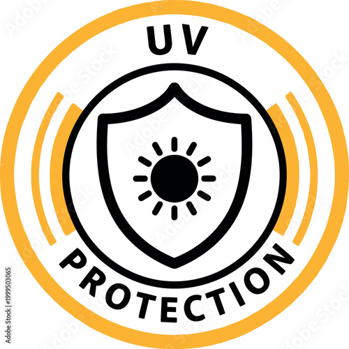 UV Protection Seal Icon with Sun and Shield for Safety and Summer Product Labeling