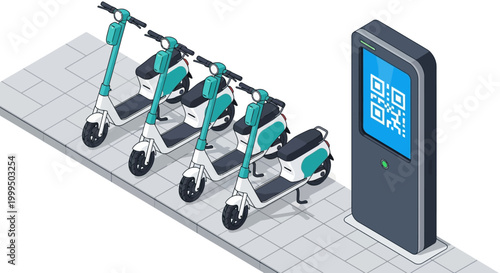 Isometric Electric Scooter Rental Station with QR Code Kiosk for Shared Micro-mobility and Smart Urban Transportation Vector Illustration