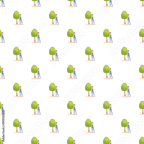 Gardeners trimming small green trees on a white background creating a repeating pattern