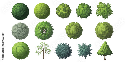 Set of green trees and bushes seen from above for architectural landscape design plans