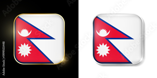 Nepal flag shiny golden and silver icons isolated on black and white. Vector 3D square rounded illuminated buttons with shadow. Use for bets, tournament, sport games