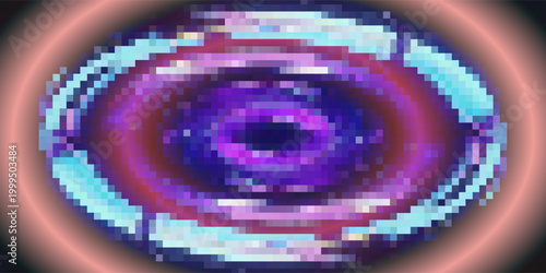Glitch frame ring with bug distortion and cyan red digital artifacts for futuristic interface. Circular border with noise lines and data corruption effects. Cyberpunk design for tech game overlays.