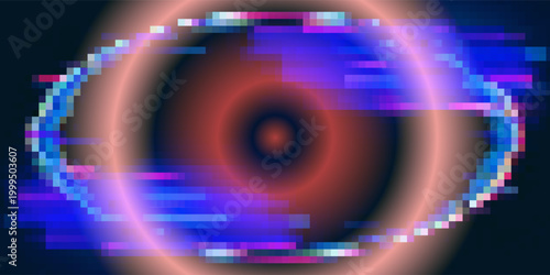 Glitch frame ring with bug distortion and cyan red digital artifacts for futuristic interface. Circular border with noise lines and data corruption effects. Cyberpunk design for tech game overlays.