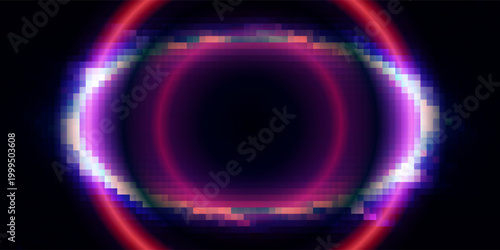 Glitch frame ring with bug distortion and cyan red digital artifacts for futuristic interface. Circular border with noise lines and data corruption effects. Cyberpunk design for tech game overlays.