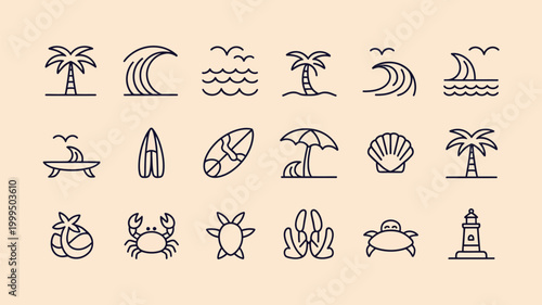 Minimalist summer icons depicting beach life including palm trees and marine creatures