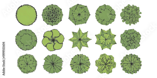 Set of fifteen green tree top view icons for architectural site plans and landscape design