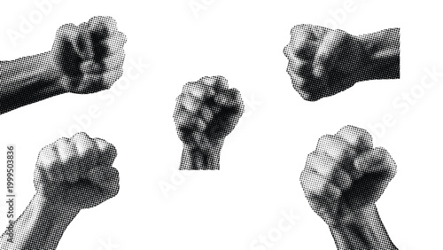 Abstract black and white sketch of five clenched fists expressing strength and determination