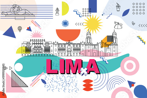 Lima culture travel set, famous architecture specialties in flat design. Business Peru tourism concept clipart in Memphis style. Image presentation, banner, website, ad, flyer, roadmap, icon line art	