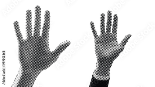 Abstract representation of two human hands in a pointillistic black and white style