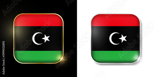 Free Download Libya flag shiny golden and silver icons isolated on black and white. Vector 3D square rounded illuminated buttons with shadow. Use for bets, tournament, sport games - GFXLoad