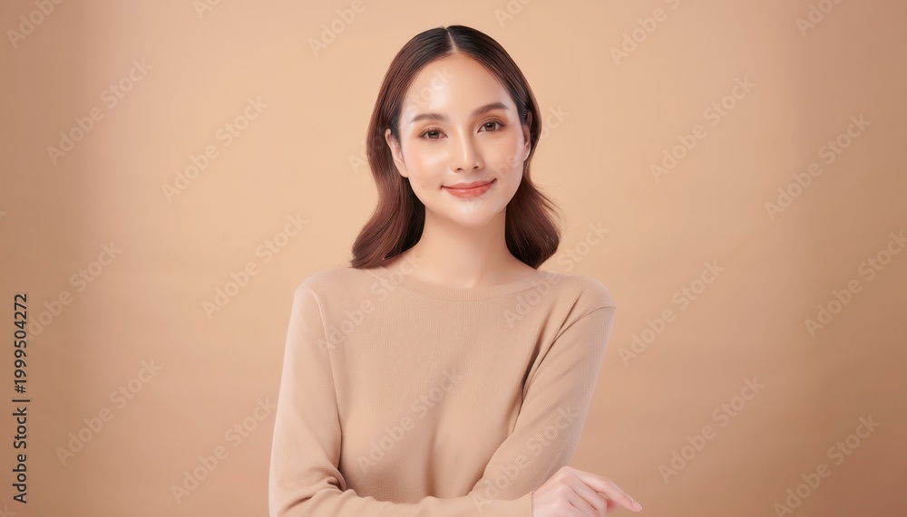 Obraz premium Elegant Portrait: A beautiful young woman with flawless skin and subtle makeup smiles gently, her warm expression conveyed through a soft gaze and relaxed pose, suggesting confidence and serenity.