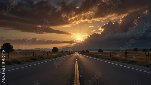 Hyper detailed HDR image of empty road leading into glowing sunrise with dramatic golden light