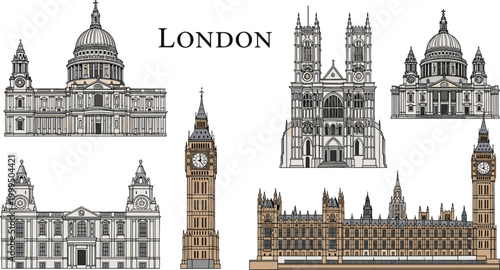 Famous London Landmarks Set with St. Paul's Cathedral, Big Ben, Westminster Abbey, and Houses of Parliament in Architectural Illustrations