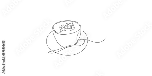 Minimalist line drawing of a cup of coffee on a saucer with a spoon