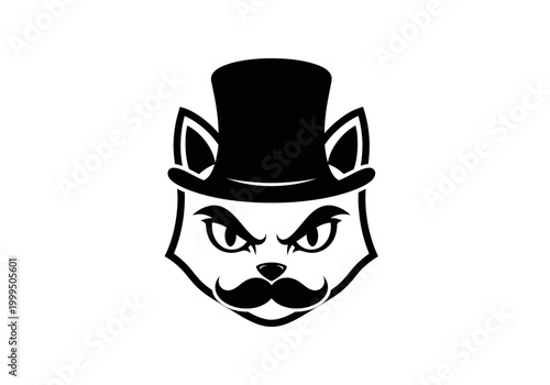 Angry cat wearing top hat and mustache minimalist vector logo