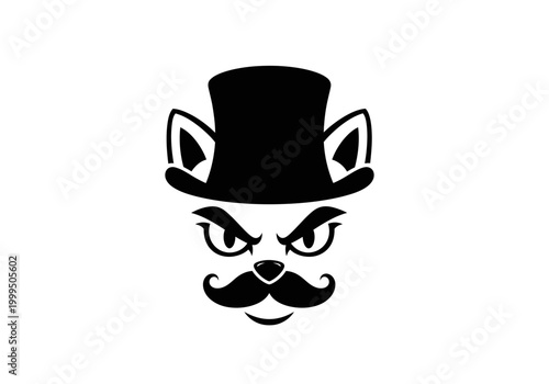 Angry cat mascot wearing top hat and handlebar mustache