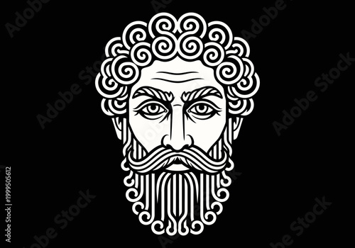 Ancient Greek god head line art illustration on black background