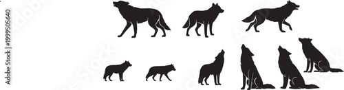 Black and white animal silhouette set featuring wolf and panther vector illustration of wild wildlife mammals