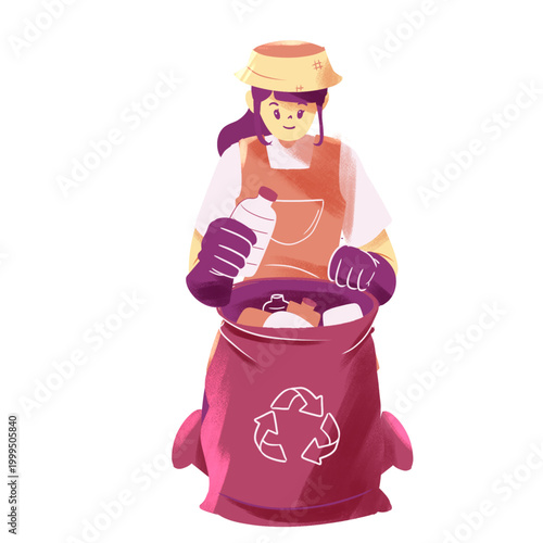Smiling cartoon woman in bucket hat and gloves recycling plastic bottles into a textured bag with symbol.