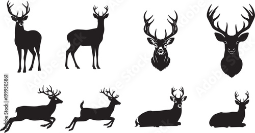 Deer silhouette vector set of isolated wild animals with antlers in cartoon wildlife illustration style