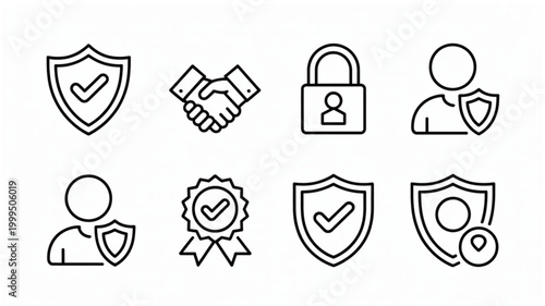 Trust and Confidence Thin Line Icon Set – Security, Verified, and Reliability Symbols