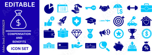 Compensation and benefits flat icons for human resources. Salary, money bag, insurance, health care, retirement, bonus, target, promotion, career growth