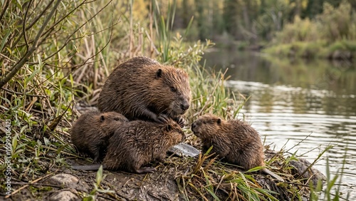 Adult beaver with three small kits standing on a riverbank in nature
