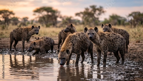 Clan of spotted hyenas drinking from a waterhole in the African savanna