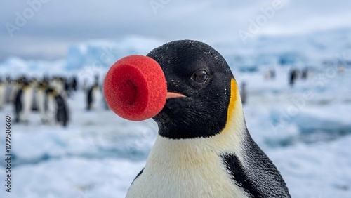 Emperor penguin with a red foam clown nose in a snowy Antarctic habitat