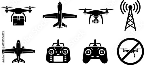 Drone technology vector icons depicting package delivery, aerial camera use, water operations, landing, and communication tower signals, excellent for digital media and information graphics
