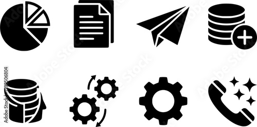Hand drawn business icons depicting financial analysis, document management, investment growth, operational workflows, and customer service communication for corporate strategy and