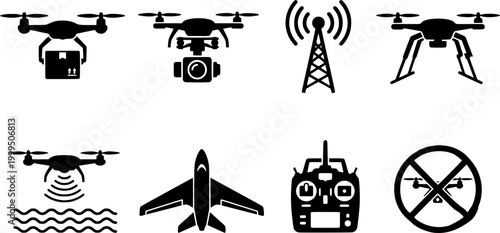 Drone technology vector icons depicting package delivery, aerial camera use, water operations, landing, and communication tower signals, excellent for digital media and information graphics