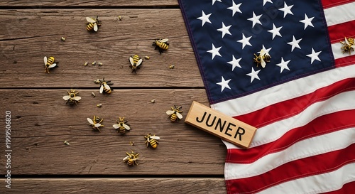 Juneteenth freedom day celebrating emancipation with american flags and wooden lettering