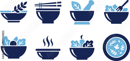 Set of contemporary icons illustrating a leafy plant sprig in a simple bowl, ideal for culinary themes, wellness applications, or natural product branding.