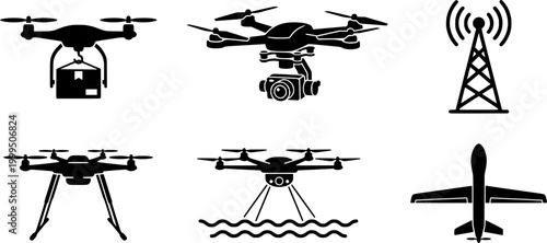 Drone technology vector icons depicting package delivery, aerial camera use, water operations, landing, and communication tower signals, excellent for digital media and information graphics