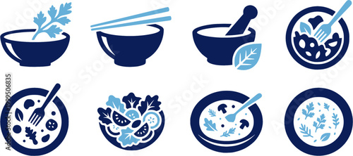 Set of contemporary icons illustrating a leafy plant sprig in a simple bowl, ideal for culinary themes, wellness applications, or natural product branding.