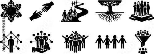 Pictogram collection illustrating concepts of community gathering, helping hands, group journey, strong foundation, and leadership success, ideal for business presentations and social issues
